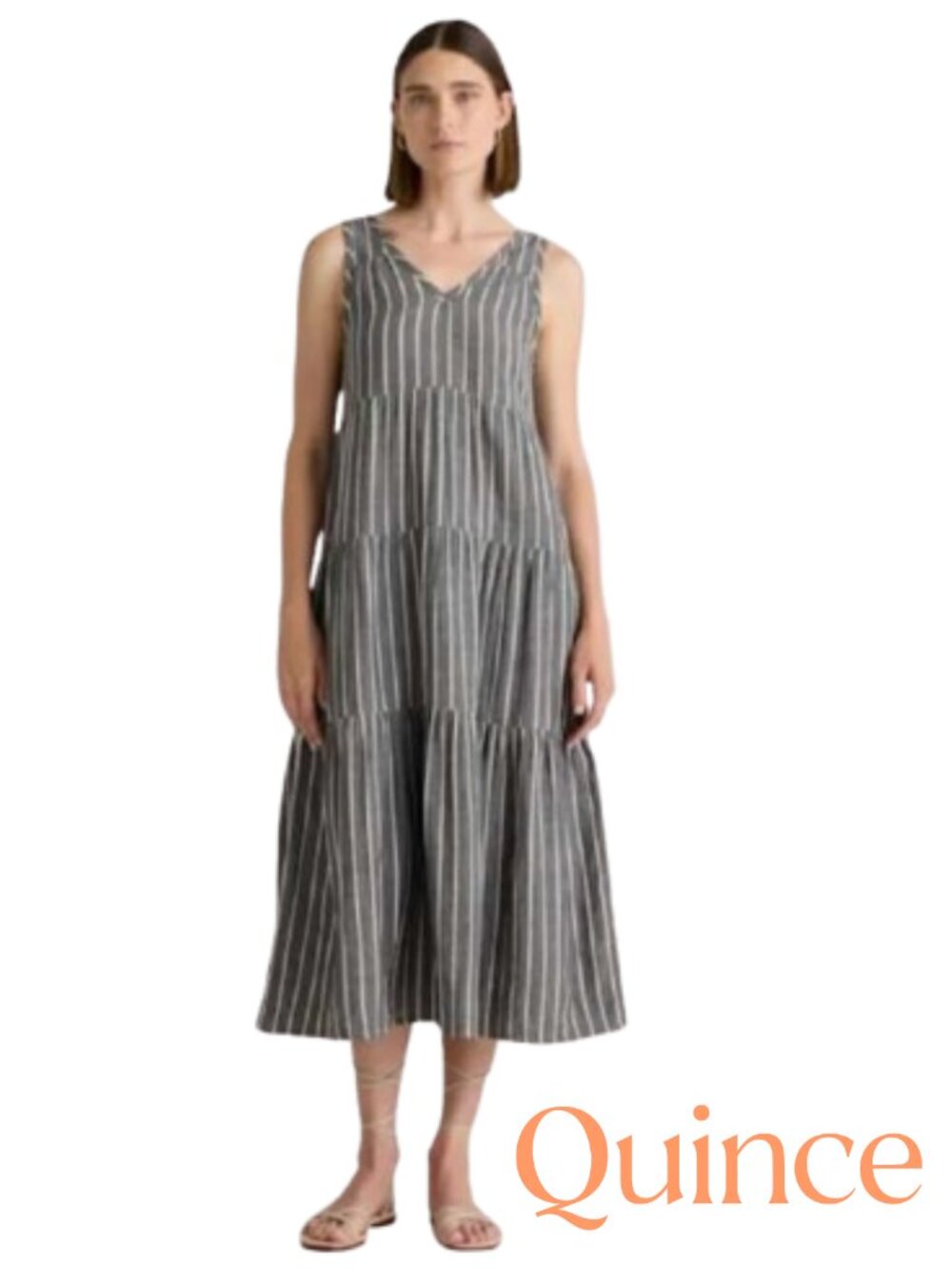 Quince Womens Grey Striped 100% Organic Cotton Gauze Tiered Maxi Dress M